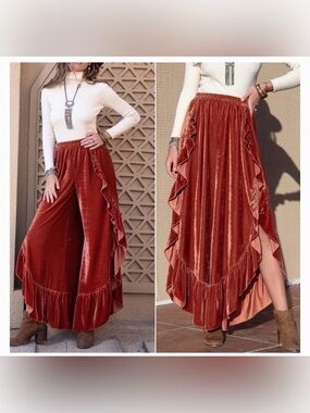 Boho Ruffle Velvet Flare Pants western